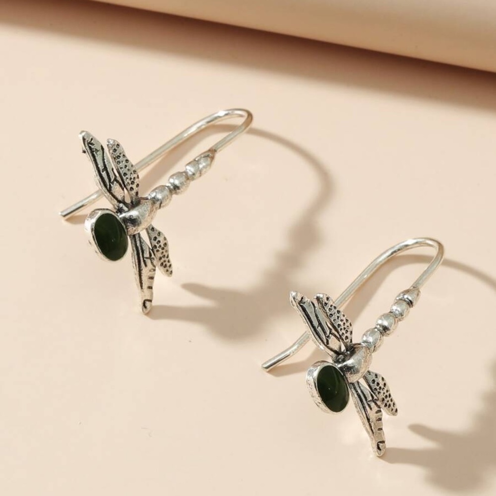 dragon fly silver green earrings - Picture 2 of 2